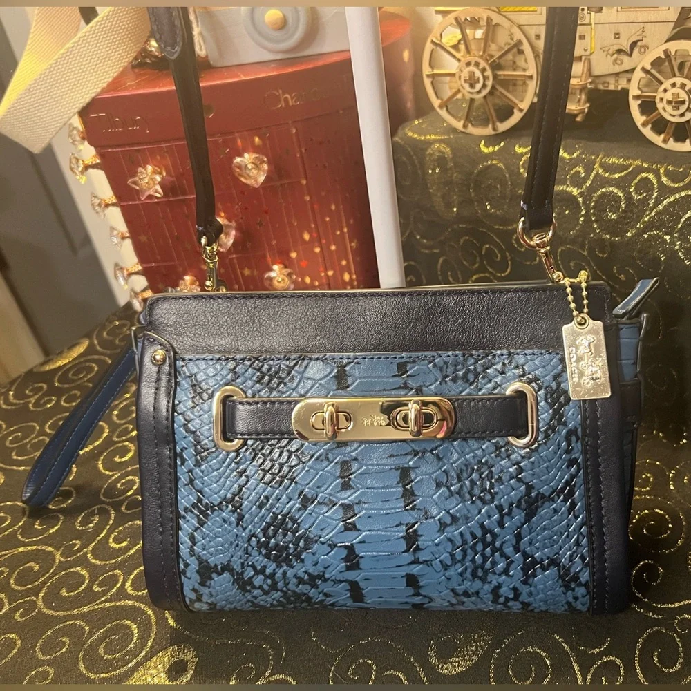 Coach Swagger Exotic Python Snake Skin Blue and Black Crossbody Wristlet